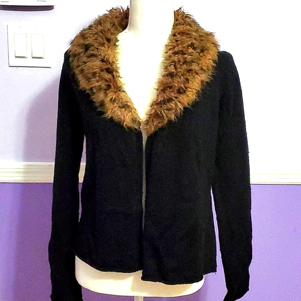 Black Fuzzy Animal Print Fitted Mob Wife Knit Open Cardigan Jacket M